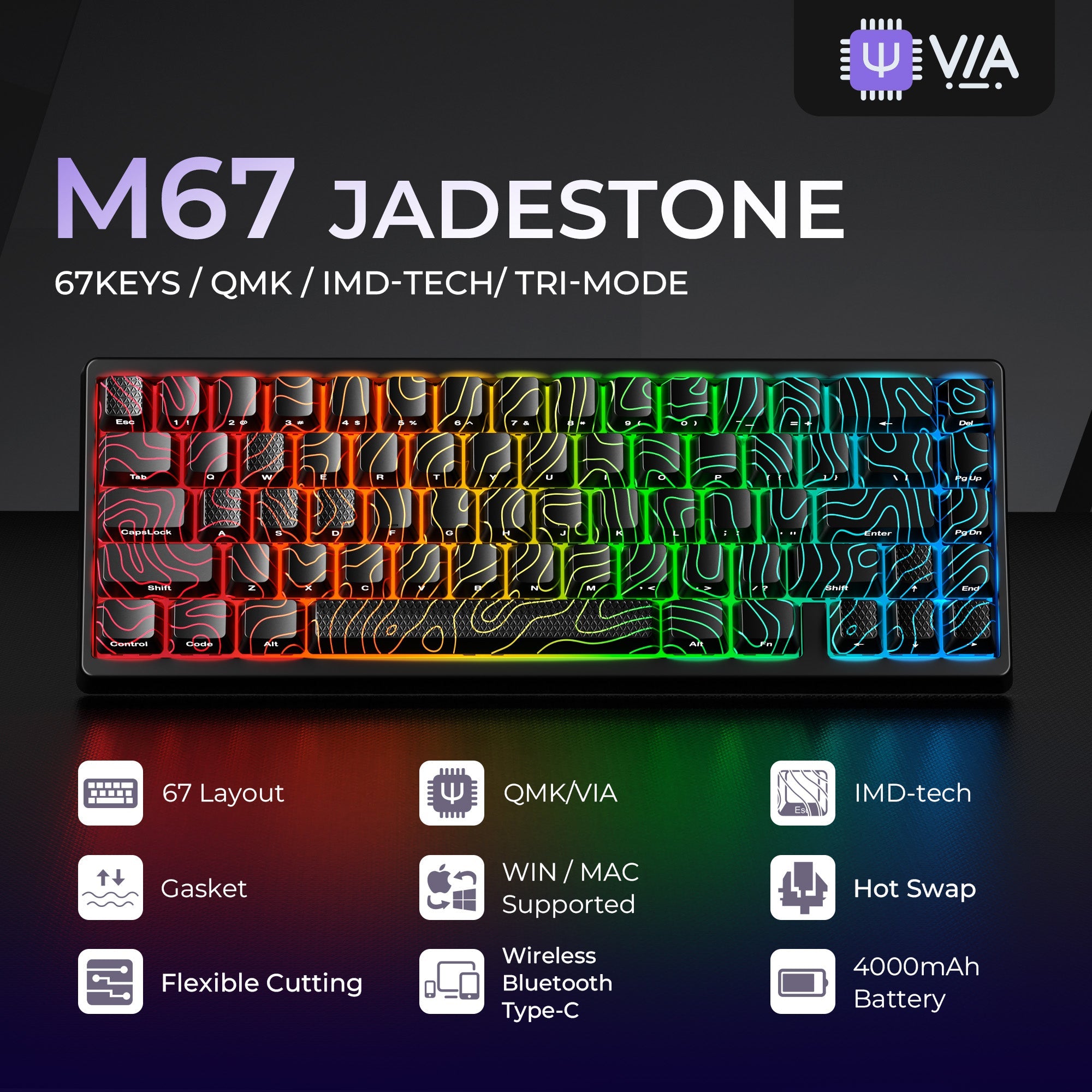 XVX M67 JadeStone Interstellar Black Tri-Mode RGB Mechanical Keyboard